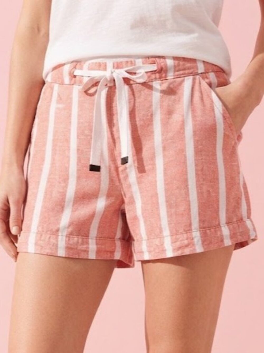 Coral and White Linen Blend Striped High-Waist Drawstring Shorts